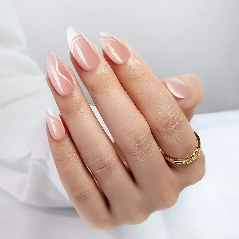 White Swirl Almond Nails - Press On Nails