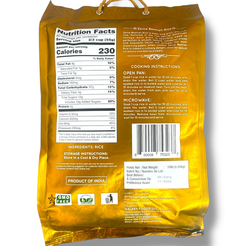 Zeina Extra Long Sella Basmati Rice 10LB - Aromatic, Fluffy, Ideal for Pilafs and Biryanis