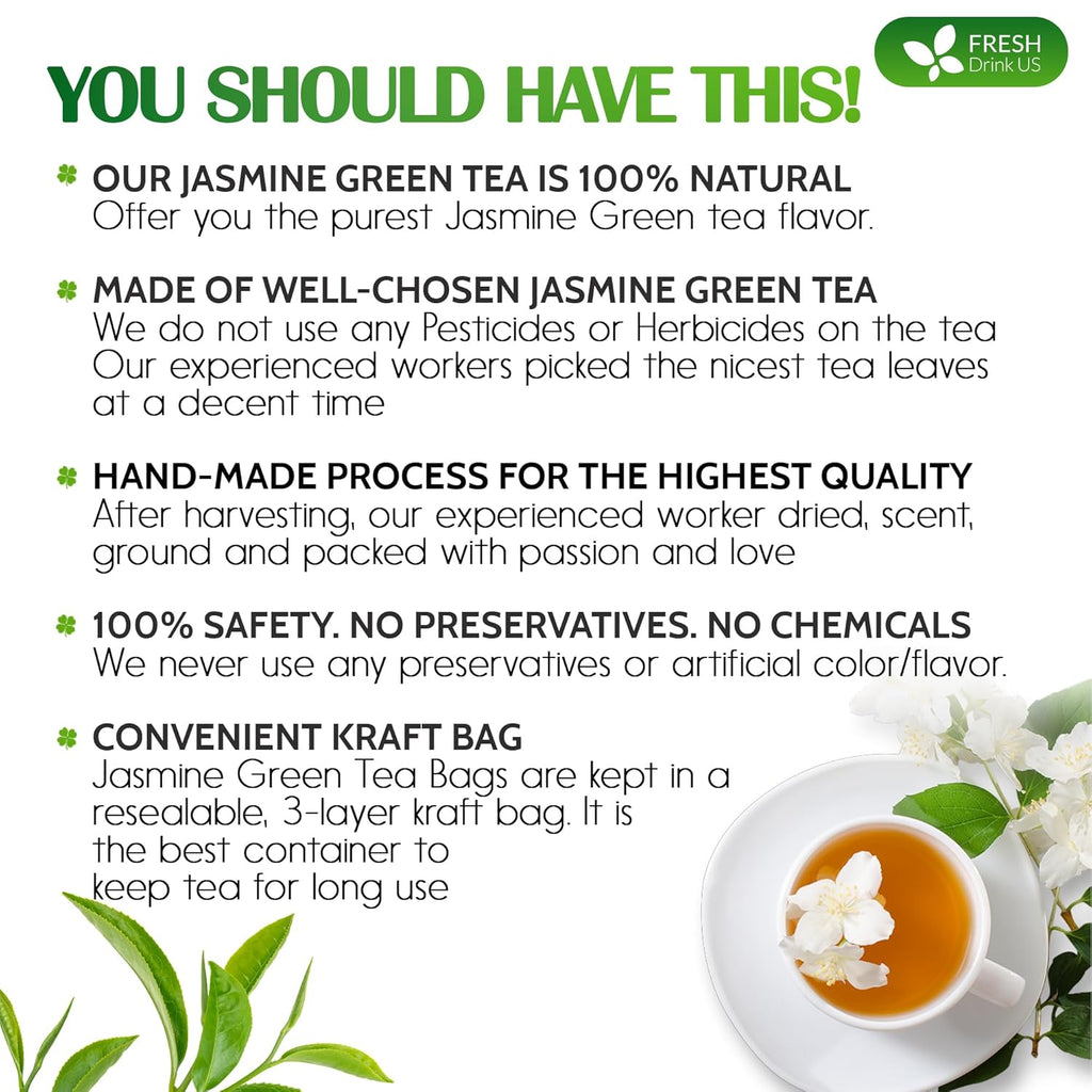 Premium Jasmine Green Tea Bags. Jasmine Green Herbal Tea. Made with Natural Material Tea Bags. No Sugar, No Gluten, Vegan.
