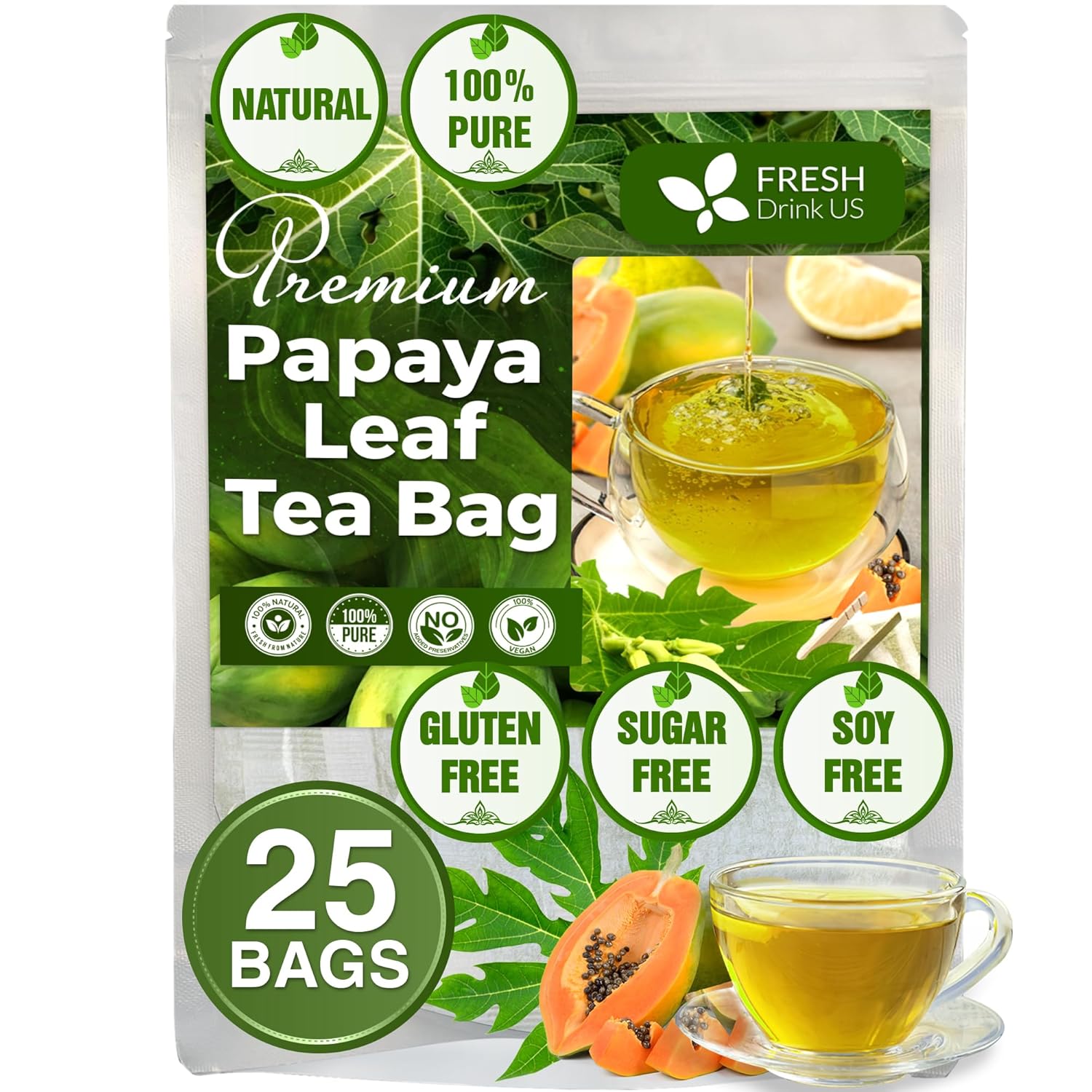 Premium Papaya Leaf Tea Bags, Made with Natural Material Tea Bags. No Sugar, No Caffeine, No Gluten, Vegan.